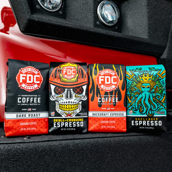 4 bags of Fire Department Coffee that includes the Original Medium Roast, Dark Roast, Shellback Espresso, and Skull Crushing Espresso.