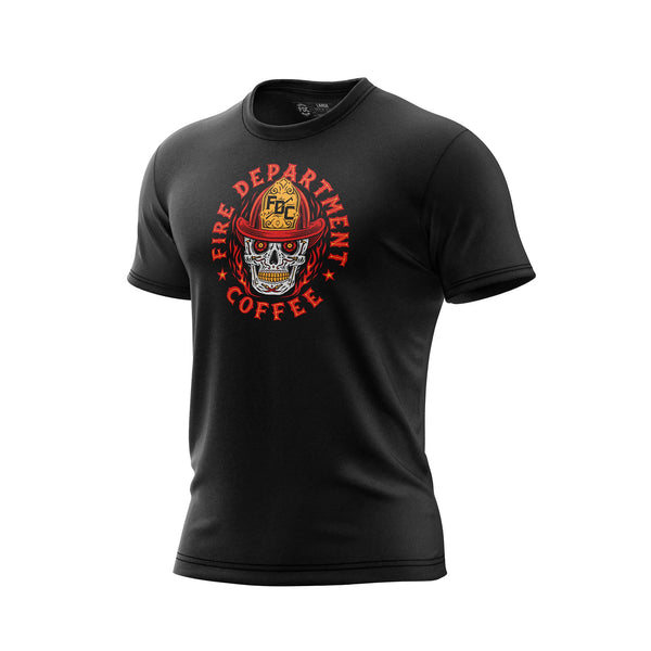 A black t shirt with a skull wearing an FDC fire helmet surrounded by flames in the center. Around the skull is text that reads "Fire Department Coffee".