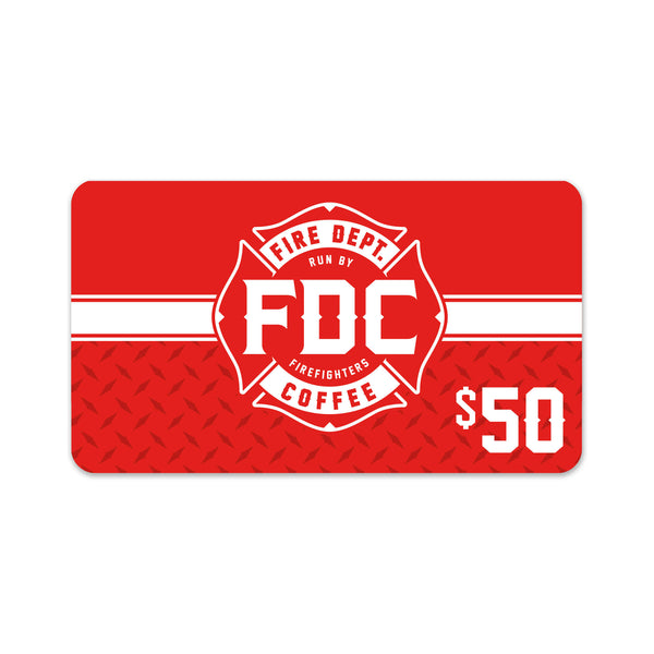 A red $25 Fire Department Coffee gift card